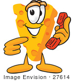 #27614 Clip Art Graphic Of A Swiss Cheese Wedge Mascot Character Holding And Pointing To A Red Phone