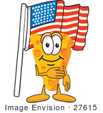 #27615 Clip Art Graphic Of A Swiss Cheese Wedge Mascot Character Pledging Allegiance To An American Flag