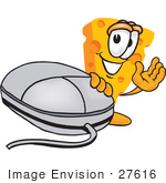 #27616 Clip Art Graphic Of A Swiss Cheese Wedge Mascot Character Waving And Standing By A Computer Mouse