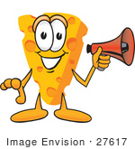 #27617 Clip Art Graphic Of A Swiss Cheese Wedge Mascot Character Holding A Red Megaphone Bullhorn