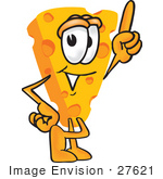#27621 Clip Art Graphic Of A Swiss Cheese Wedge Mascot Character Pointing Upwards