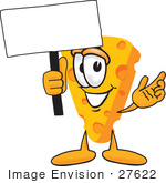#27622 Clip Art Graphic Of A Swiss Cheese Wedge Mascot Character Waving A Blank White Advertisement Sign