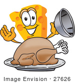 #27626 Clip Art Graphic Of A Swiss Cheese Wedge Mascot Character Serving A Thanksgiving Turkey On A Platter