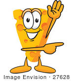 #27628 Clip Art Graphic Of A Swiss Cheese Wedge Mascot Character Waving And Pointing To The Right