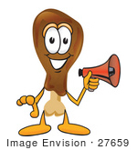 #27659 Clip Art Graphic Of A Chicken Drumstick Mascot Character Holding A Megaphone
