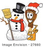 #27660 Clip Art Graphic Of A Chicken Drumstick Mascot Character With A Snowman On Christmas