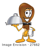 #27662 Clip Art Graphic Of A Chicken Drumstick Mascot Character Dressed As A Waiter And Holding A Serving Platter