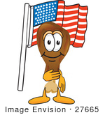 #27665 Clip Art Graphic Of A Chicken Drumstick Mascot Character Pledging Allegiance To An American Flag