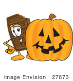 #27673 Clip Art Graphic Of A Chocolate Candy Bar Mascot Character With A Carved Halloween Pumpkin