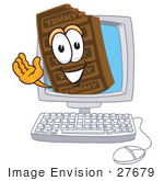 #27679 Clip Art Graphic Of A Chocolate Candy Bar Mascot Character Waving From Inside A Computer Screen