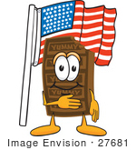#27681 Clip Art Graphic Of A Chocolate Candy Bar Mascot Character Pledging Allegiance To An American Flag