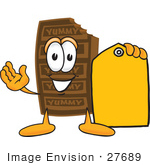 #27689 Clip Art Graphic Of A Chocolate Candy Bar Mascot Character Holding A Yellow Sales Price Tag