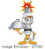 #27703 Clip Art Graphic Of A Spark Plug Mascot Character Dressed As A Waiter And Holding A Serving Platter