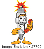 #27709 Clip Art Graphic Of A Spark Plug Mascot Character Holding A Telephone
