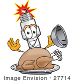 #27714 Clip Art Graphic Of A Spark Plug Mascot Character Serving A Thanksgiving Turkey On A Platter