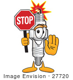 #27720 Clip Art Graphic Of A Spark Plug Mascot Character Holding A Stop Sign