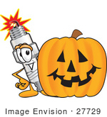 #27729 Clip Art Graphic Of A Spark Plug Mascot Character With A Carved Halloween Pumpkin