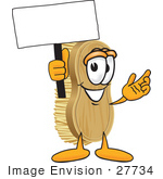 #27734 Clip Art Graphic Of A Scrub Brush Mascot Character Waving A Blank White Advertising Sign
