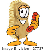 #27737 Clip Art Graphic Of A Scrub Brush Mascot Character Holding And Pointing To A Red Phone