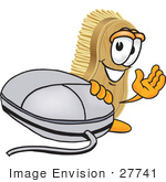#27741 Clip Art Graphic Of A Scrub Brush Mascot Character Waving And Standing By A Computer Mouse