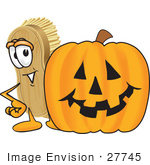 #27745 Clip Art Graphic Of A Scrub Brush Mascot Character Standing By A Carved Halloween Pumpkin