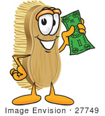 #27749 Clip Art Graphic Of A Scrub Brush Mascot Character Waving Cash In The Air