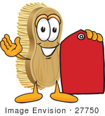 #27750 Clip Art Graphic Of A Scrub Brush Mascot Character Holding A Red Sales Price Tag