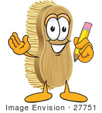 #27751 Clip Art Graphic Of A Scrub Brush Mascot Character Holding A Pencil