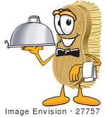 #27757 Clip Art Graphic Of A Scrub Brush Mascot Character Serving A Dinner Platter While Waiting Tables