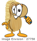 #27758 Clip Art Graphic Of A Scrub Brush Mascot Character Looking Through A Magnifying Glass
