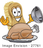 #27761 Clip Art Graphic Of A Scrub Brush Mascot Character Serving A Cooked Thanksgiving Turkey On A Platter