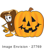 #27769 Clip Art Graphic Of A Beef Steak Meat Mascot Character Standing By A Halloween Pumpkin