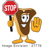 #27776 Clip Art Graphic Of A Beef Steak Meat Mascot Character Holding A Stop Sign