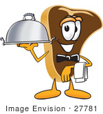 #27781 Clip Art Graphic Of A Beef Steak Meat Mascot Character Serving A Dinner Platter While Waiting Tables