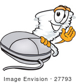 #27793 Clip Art Graphic Of A Tornado Mascot Character Waving And Standing By A Computer Mouse