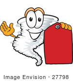 #27798 Clip Art Graphic Of A Tornado Mascot Character Holding A Red Sales Price Tag