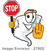 #27802 Clip Art Graphic Of A Tornado Mascot Character Holding A Stop Sign