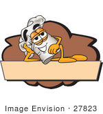 #27823 Clip Art Graphic Of A White Chefs Hat Cartoon Character Over A Blank Brown Label On A Logo