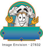 #27832 Clip Art Graphic Of A White Chefs Hat Cartoon Character Over A Blank Label On A Logo
