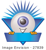 #27839 Clip Art Graphic Of A Blue Eyeball Cartoon Character Over A Blank Blue Label