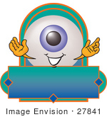 #27841 Clip Art Graphic Of A Blue Eyeball Cartoon Character Over A Blank Label