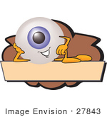 #27843 Clip Art Graphic Of A Blue Eyeball Cartoon Character Over A Blank Brown Label