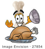 #27854 Clip Art Graphic Of A Bone Cartoon Character Serving A Thanksgiving Turkey On A Platter