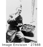 #27888 Historical Stock Photo Of A Male American Soldier Seated And Eating From A Big Box Of Donuts