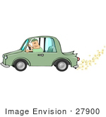 #27900 Clipart Image Illustration Of A Caucasian Man Driving A Green Biodiesel Car With Popcorn Coming Out Of The Muffler