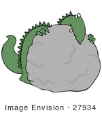 #27934 Clip Art Graphic Of A Scared Green Dinosaur Crouching Behind A Boulder And Peeking Over The Top Symbolizing Disappearing Habitat Or Fear Of Something
