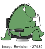 #27935 Clip Art Graphic Of A Seated Happy Green Dinosaur Reading A Letter Magazine Or Book While Waiting In An Office Lobby