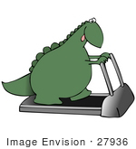 #27936 Clip Art Graphic Of A Hot Green Dinosaur Walking On A Treadmill In A Fitness Gym While Trying To Get Back Into Shape