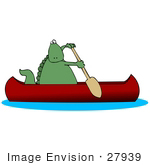 #27939 Clip Art Graphic Of A Green Dinosaur Using A Paddle To Propel A Canoe