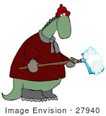 #27940 Clip Art Graphic Of A Green Dinosaur In A Hat And Plaid Coat Shoveling Snow Off Of A Walkway In The Winter